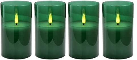 Hochwertige LED Adventskerzen im Glas - 4er Kerzenset / Sparset - Timer - Realistisch Flackernd - Kerze Weihnachten / Weihnachtskerzen / Adventskranz (Grün, Mittel - Höhe 12,5cm / Ø 7,5cm)