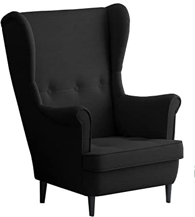 Leo Lounge Sessel mit Armlehnen, Stuhl aus Stoff mit Holz Füßen, Ohren- & armlehnensessel, Polsterstuhl, Ohrensessel, Ohrensessel groß, für Esszimmer & Wohnzimmer (Schwarz, Ohne Hocker)