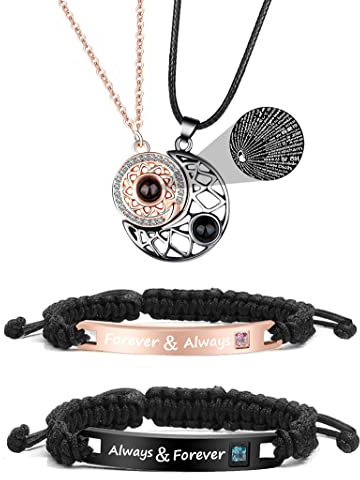 HUASAI Couple Bracelet Long Distance Pulseras Para Mujer Matching Heart Couples Bracelets Necklaces Set for Bf Gf Couples Jewelry Set Couples Gifts for Him Her Wedding Gifts for Couples