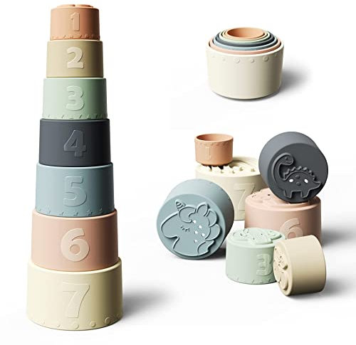 Moonkie Baby Stapelbecher Spielzeug, Stapelturm mit 7 Bechern Für Babys & Kinder,lustiges pädagogisches Stapelbecher-Silikon-weiches und zahnendes Spielzeug