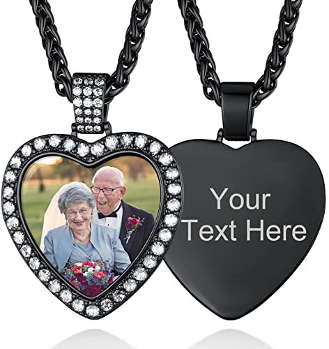 Pendentif Photo Gravé Collier Coeur Noir avec Photo Personnalisé Bijoux Porte Photo Idée Cadeau Personnalisable pour Homme Femme Fille