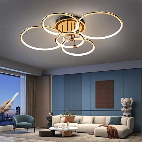 100cm Modern LED Deckenleuchte 5 Ring 6800lm Dimmbar Deckenlampe 105W Wohnzimmerlampe Ringsform Gold Schlafzimmerlampe mit Fernbedienung Led Beleuchtung für Wohnzimmer Schlafzimmer Küche Esszimmer