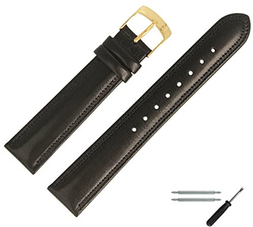 MARBURGER Uhrenarmband 18mm Leder Schwarz Gold Mit Naht - Montage Set 7791810000220