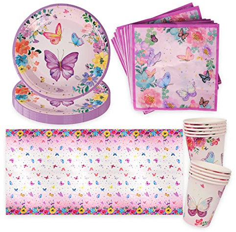 Schmetterling Partygeschirr,41Pcs Schmetterling Kindergeburtstag Dekoration, Pappteller Geschirr Party Supplies Set,Serviette Teller Tischdecke Pappbecher,für Geburtstag Mädchen, Hochzeit Babyparty