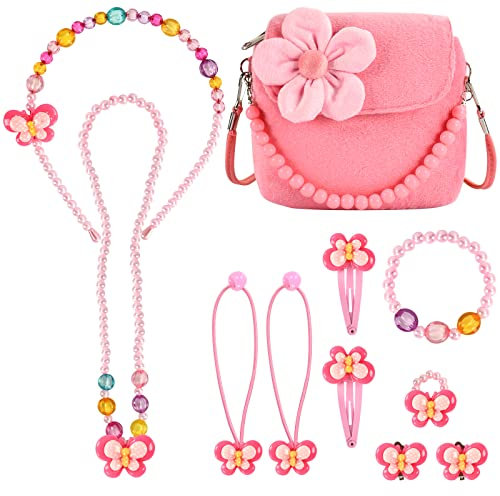 EKKONG Kinderschmuck Kleine Mädchen, Plüsch Handtasche für Mädchen, Schmuckset Kinder mit Haarspangen Halskette Armband Ring Ohrring Haarreif Haargummi, Modeschmuck Party Favors Geschenk