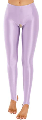 inhzoy Collant Donna con Cavallo Aperto Leggings Aperti al Cavallo Lucidi Pantaloni Skinny Elasticizzati a Vita Media Tights Babydoll Lingerie Pantaloni da Notte Erotico Viola Chiaro XL