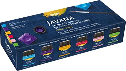KREUL 90597 - Javana Stoffmalfarben für helle und dunkle Stoffe, Set Color Living, 6 x 20 ml und ein Pinsel, brillante Farbe mit pastosem Charakter, nach Fixierung waschbeständig