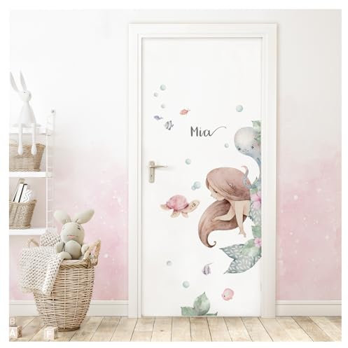 DEKO KINDERZIMMER Türaufkleber Meerjungfrau mit Name Wandsticker Kinderzimmer Wandtattoo Babyzimmer Türsticker Wandaufkleber selbstklebend DK1123-04