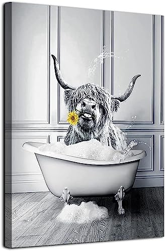 Hochlandrind Leinwand Bilder,Lustige Schwarz Weiß Tier Hochlandrind Kunst Bilder,Schwarz-Weiß hochland Kuh Poster für Schlafzimmer Wohnzimmer Modern Deko, Kein Rahme (Baderinder, 20X30CM*1)