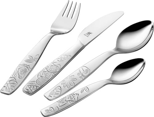 ZWILLING Jungle Kinderbesteck-Set, 4-teilig, mit eingeprägten Dschungel Motiven, Für Kinder ab 3 Jahren, 18/10 Edelstahl, Silber [plastikfreie Verpackung]