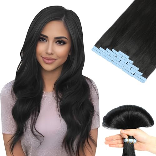 Tape Extensions Echthaar, Unsichtbare Tape-in Extensions Echthaar, 100% Remy Echthaar, Seidig & Volle Spitzen, Schwarz #1, 20 Stück, 50g, 45cm, Wiederverwendbar, Haarverlängerung