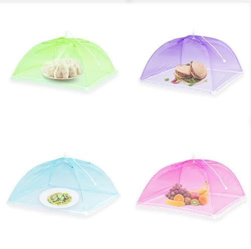 MHYMX Fliegenhaube, 4 Stück Bunt Kuchenabdeckung Obstnetz Gegen Fruchtfliegen Faltbare Abdeckhaube Netz Abdeckhaube Picknick für Lebensmittel Nsekten Essen Obstnetz(32×32 cm)