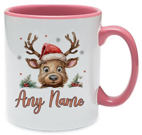 Personalised Christmas Mug, Reindeer with Name, Festive Xmas Gift, Inside Coloured Coffee, Tea Mug. (Pink)