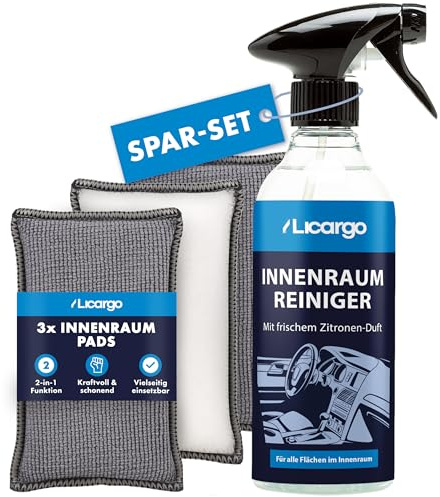 LICARGO® Innenraumreiniger (500ml) & 3X Innenraum Pads - Cockpit Reiniger pH neutral - porentiefe Reinheit für Kunststoff, Polster, Leder