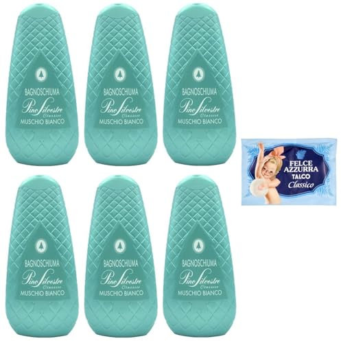 6er-Pack Pino Silvestre Bath Foam Bagnoschiuma Classico Muschio Bianco,Duschgel mit Weißer Moschus 750ml + 1er-Pack Kostenlos FELCE AZZURRA Talkumpuder, 100g-Beutel