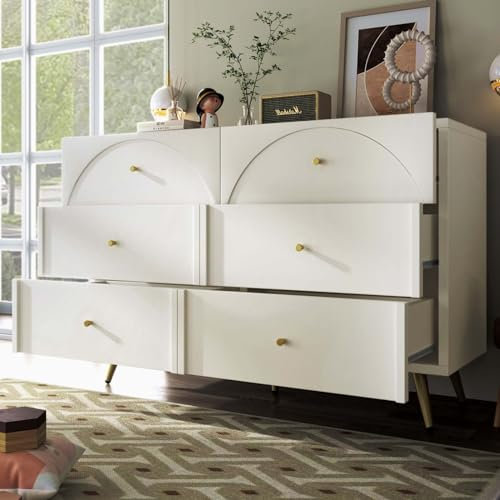 PUGSDRLY Buffet - Commode moderne 6 tiroirs - Armoires de table d'appoint façades incurvées uniques - Armoire de rangement multifonction salle à manger - Blanc crème (120 x 40 x 85 cm) AB20439596B
