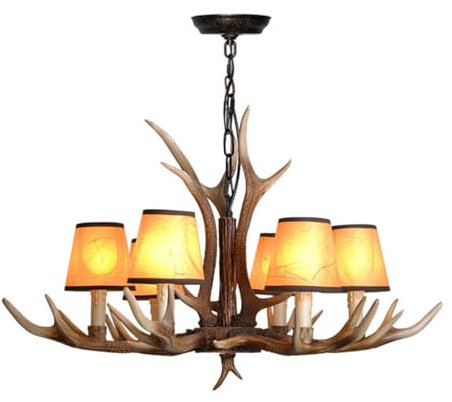 HEYUN Geweih Kronleuchter Vintage Industriestil Hängelampe Pergament Lampenschirm Harzsockel Pendelleuchte Höhenverstellbare Pendellampe Wohnzimmer Café Bar Esszimmer Deckenleuchte (Color : 6 Brown)