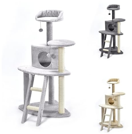 PATAM Árbol rascador de sisal Natural para Gatos con Escalera y caseta de Peluche, Base Reforzada y fácil Montaje, Altura 112 cm - Oasi Gris Claro