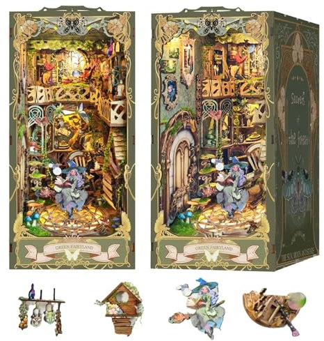 STRUCWOOD Book nooks DIY Dollhouse Kit for Adults 3D Stereo Assembly Night Light Sensing Wooden Bookend Jigsaw Building Model SQ-15 (Green Fairyland)