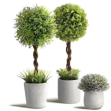 YVONNEYI 3 Pièces Plantes Artificielles Interieur, 35 cm, Boule de Buis Artificiel dans des Pots en Beton, Fausse Plante pour Chambre Salle de Bain Bureaux Table Maison Décoration