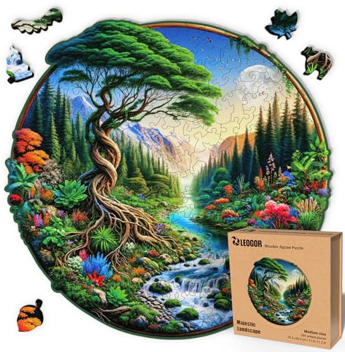 LEOGOR Majestic Landscape – Holzpuzzle Erwachsene Naturlandschaft, 200 Teile – 29,2 × 28,5 cm – 5 mm Dickes Holz, handgeformte Teile, rundes Mosaikdesign – Magisches Holz Puzzle für Puzzle-Liebhaber