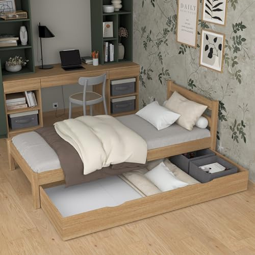 N-wood N01 Bett mit Schublade Lattenrost 90x200 cm, Seniorbett, Multifunktional Einzelbett für Kinder, Jugendliche und Erwachsene, Hochwertige Materialien, Natureiche