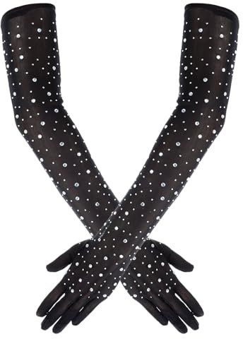 Lusofie Lange Handschuhe Schwarz Kostüm mit Strass Tull Handschuhe Schwarz für Damen Tea Party Szenen Zubehör Formelle Hochzeit Party Abschlussball Halloween Kostüme für Frauen