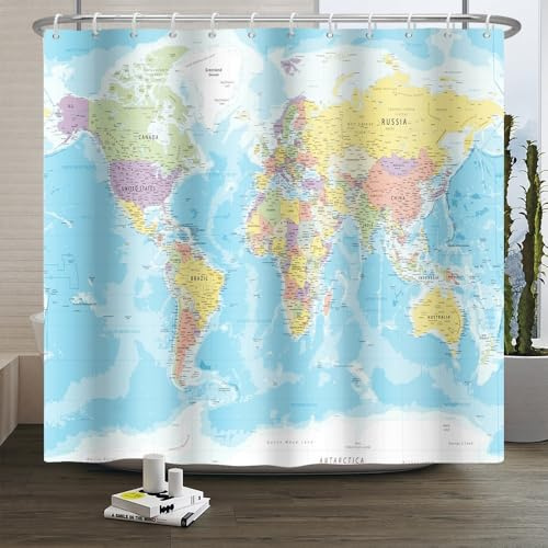 Xiaoterna Weltkarte Duschvorhang Blauer Ozean Kontinente Badezimmervorhang Weltkarte Duschvorhang Geographie Bildungsduschvorhang Maschinenwaschbar Wasserdichter Stoff 200x180cm