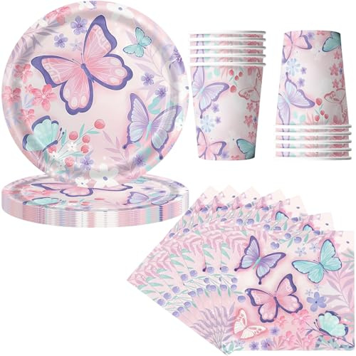 Umbrean Kit de décoration de table d'anniversaire pour 10 invités avec 10 assiettes en carton, 10 gobelets et 20 serviettes, motif papillon