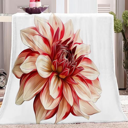 Weiß Kuscheldecke Fleece Blume Dahlie Motiv für Bett Sofa, 180 x 220 cm Weich Warme Decke für Wohnzimmer Schlafzimmer Reisen und Camping alle Jahreszeiten