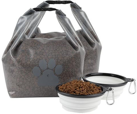 2 Stück Hundefutter-Reisetasche, Aufbewahrungstasche für Tierfutter, BPA-frei, Hundefutterbehälter mit 2 faltbaren Hundenäpfen, Autoreisen, Camping, Boarding, Wochenendausflüge, Grau