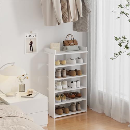 Dripex Zapatero Estrecho Blanco, Montaje Sin Herramientas, PVC-Madera, Ahorra Espacio, para Pasillo, Entrada, Dormitorio y Vestidor, 6 Niveles, 50 x 25 x 81 cm