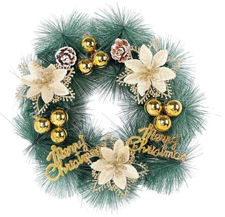 Skyrabbiter Weihnachtskranz für Tür, Adventskranz, Weihnachtsdeko für Außen und Innen, Künstlicher Tannenkranz, Weihnachtsbaum Urlaub Partei - 30cm (30 cm, ohne Beleuchtung) (Gold)