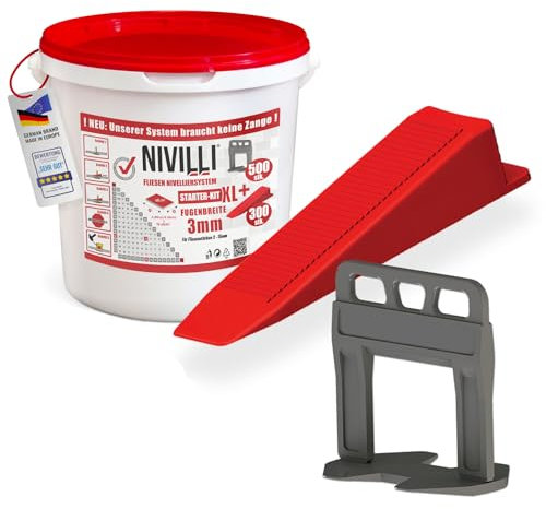 Nivilli KEILY Starter-Set XL - 500x Laschen + 300x Keile. Zangenloses Profi Nivelliersystem. Verlegehilfe Fliesen. DAS BESTE ZUM GÜNSTIGEN PREIS! 3mm Fugenbreite, Materialstärke 3-15mm