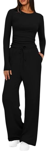 Mobeur Womens Tracksuit Set Two Piece Outfits Stretch Long Sleeve Crop Top and Drawstring Elastic Waist Wide Leg Trouser Solid Color Lounge Sets Y39k Outfits Ladies Yoga Trousers Suit