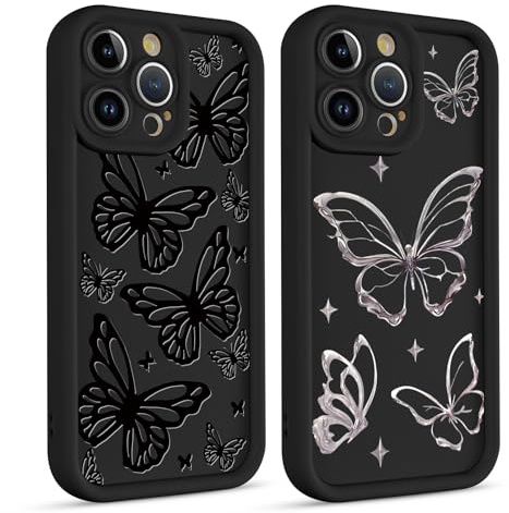 Phoona 2 Pack Black Cute Butterfly Print Phone Case for iPhone 14 Pro Max 6.7, Fashion Aesthetics Pattern Design Silicone Slim Soft Cases,Shockproof Cover Protective Funda Girls,for iPhone 14Pro Max
