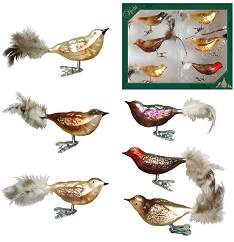 Krebs Glas Lauscha - Weihnachtsdekoration/Christbaumschmuck aus Glas - Waldvögelset - Vögel auf Clip aus Glas - Inhalt: 6 Stück - Größe: ca. 11 cm