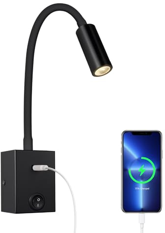 ERWEY LED Leselampe Wand, Bettlampe mit Schalter und USB-Ladeanschluss, 3W 3000K Warmwaiß Bett Leselicht 360° Schwenkbar Schwanenhals Lampe Nachttischlampe für Schlafzimmer, Schwarz