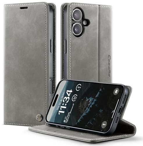 owlhold iPhone 17 hülle klapphülle Premium PU Leder,RFID Schutzhülle,Faltbare Ständer,Handytasche Lederhülle Kartenfach Standfunktion Handyhülle iPhone 17 - Grau