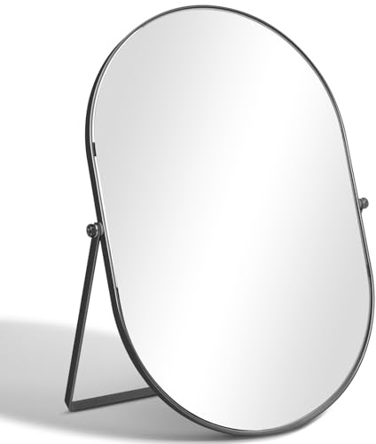 TSKDKIT Kosmetikspiegel, Ovaler Schminkspiegel Mit Metallrahmen Schwarz Chrom, 31L cm x 22.5W cm Tragbar Tischspiegel Standspiegel für Tisch, Badezimmer, Kommode, Wohnzimmer, Schlafzimmer, Büro