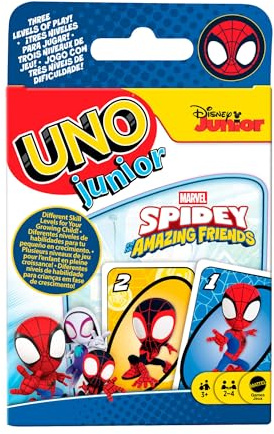 Mattel Games UNO junior Marvel Spidey und Seine Super-Freunde, ab 3 Jahren | Vorschul-Kartenspiel mit Themenkarten 3 Spielstufen für Kinder und Familien-Spielabende, 2-4 Spieler, JND89