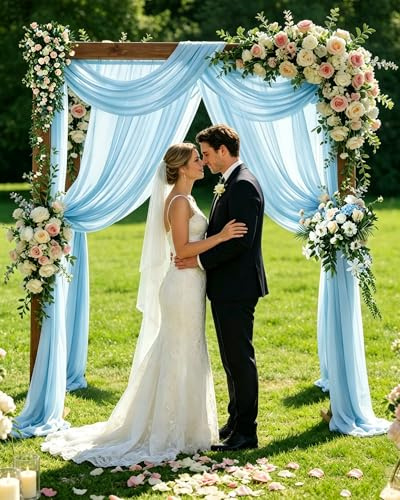 ugaxhome 2 Stück 75x600cm Hochzeit Vorhang Chiffon-Stoff Hochzeitsbogen Traubogen Vorhang Querbehang Hochzeits Hintergrund Volant Vorhäng Hängender Effekt für Hochzeit Fotografie Torbogen (Blau)