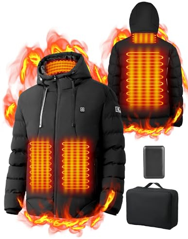 Veste Chauffante Homme Femme avec Batterie 10000mAh 3 Niveaux de Chauffage 4 Zones Chauffantes Doudoune Chauffante avec Capuche, Manteau Chaud Imperméable pour Ski Moto Travail en Extérieur, XL