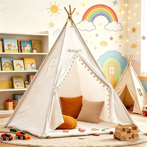 Tipi Zelt für Kinder, Tippi Kinderzelt für Drinnen mit Gepolsterter Decke Dekorativen Kugeln und Fenstern, Kinder Spielzelt Faltbares Spielhaus, Einfache Installation (White, 1.1m)