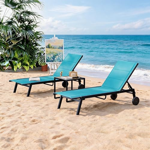 Thaookte 2er Set Gartenliege, Klappbar, Auf Rollen | Rückenlehne 5-Fach Höhenverstellbar, Inkl. Tisch, Max. Belastung 160 kg, Für Pool, Terrasse, Balkon, Rasenfläche