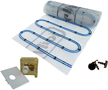 Dünnbett Warmwasser Fußbodenheizung HoWaTech Duo Komplett Set 2,5-20m² Doppelrohr Heizmatte 80 W/m² und Regelbox RTL, Heizfläche:15.00m²