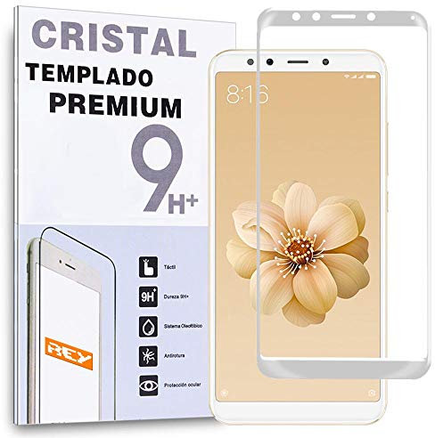 REY - Protector de Pantalla Curvo para XIAOMI MI 6X - MI6X - MI A2 - MIA2, Blanco, Cristal Vidrio Templado Premium, 3D / 4D / 5D