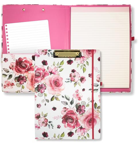 Steel Mill & Co Niedliches Klemmbrett mit nachfüllbarem, liniertem Notizblock und Innentasche, rosa Padfolio für die Arbeit, Rose Floral