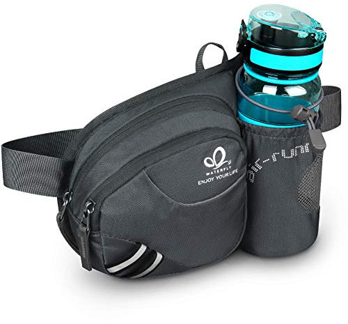 WATERFLY Taille Tasche mit Flaschenhalter Damen und Herren, Atmungsaktiv Hüfttasche mit Reflektorstreifen für Laufen Radfahren Camping Klettern Reisen (Dunkelgrau)