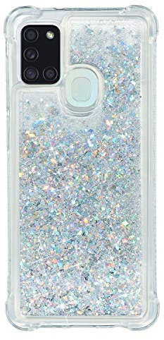 HopMore Glitzer Hülle für Samsung Galaxy A21S Transparent Handyhülle mit Treibsand Silikon Handy Hülle 3D Stoßfest Winkel Case Schutzhülle Hüllen Durchsichtig Glitter Smartphone Silikonhülle - Silber